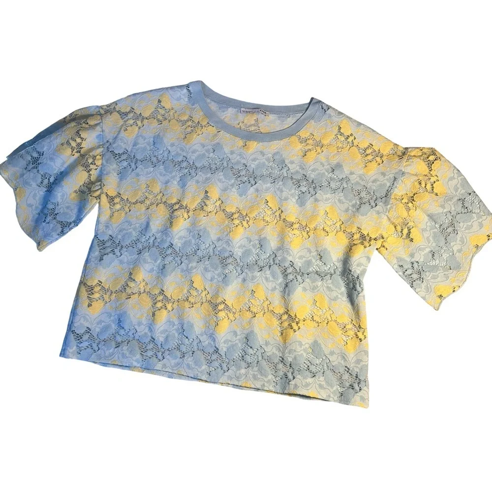 Zara blue and yellow striped lace top - Picture 4 of 9